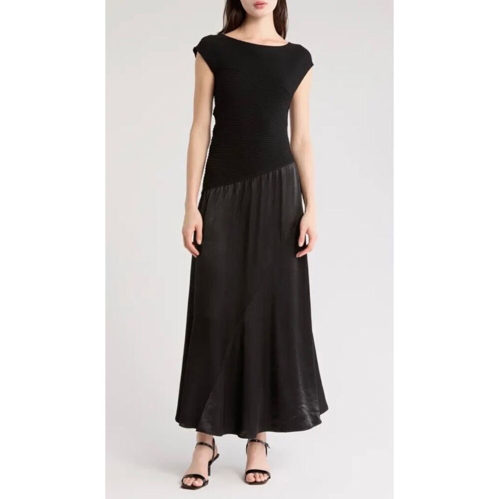 Derek Lam 10 Crosby Madeline Dress Small Black Mixed‎ Media Knit Satin Midi NWT
